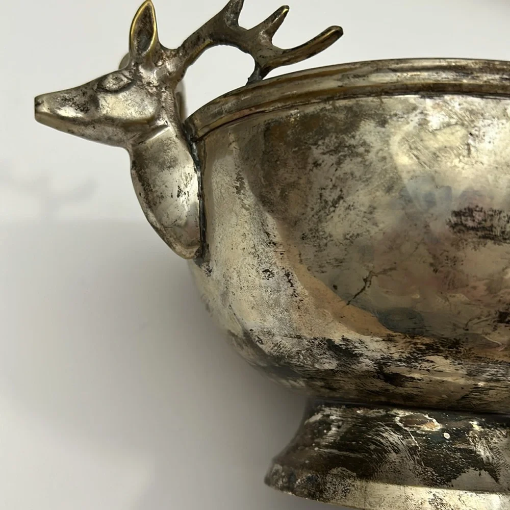 Vintage Silver Plate‎ Hammered Bowl with Stag Handles SKU 1492